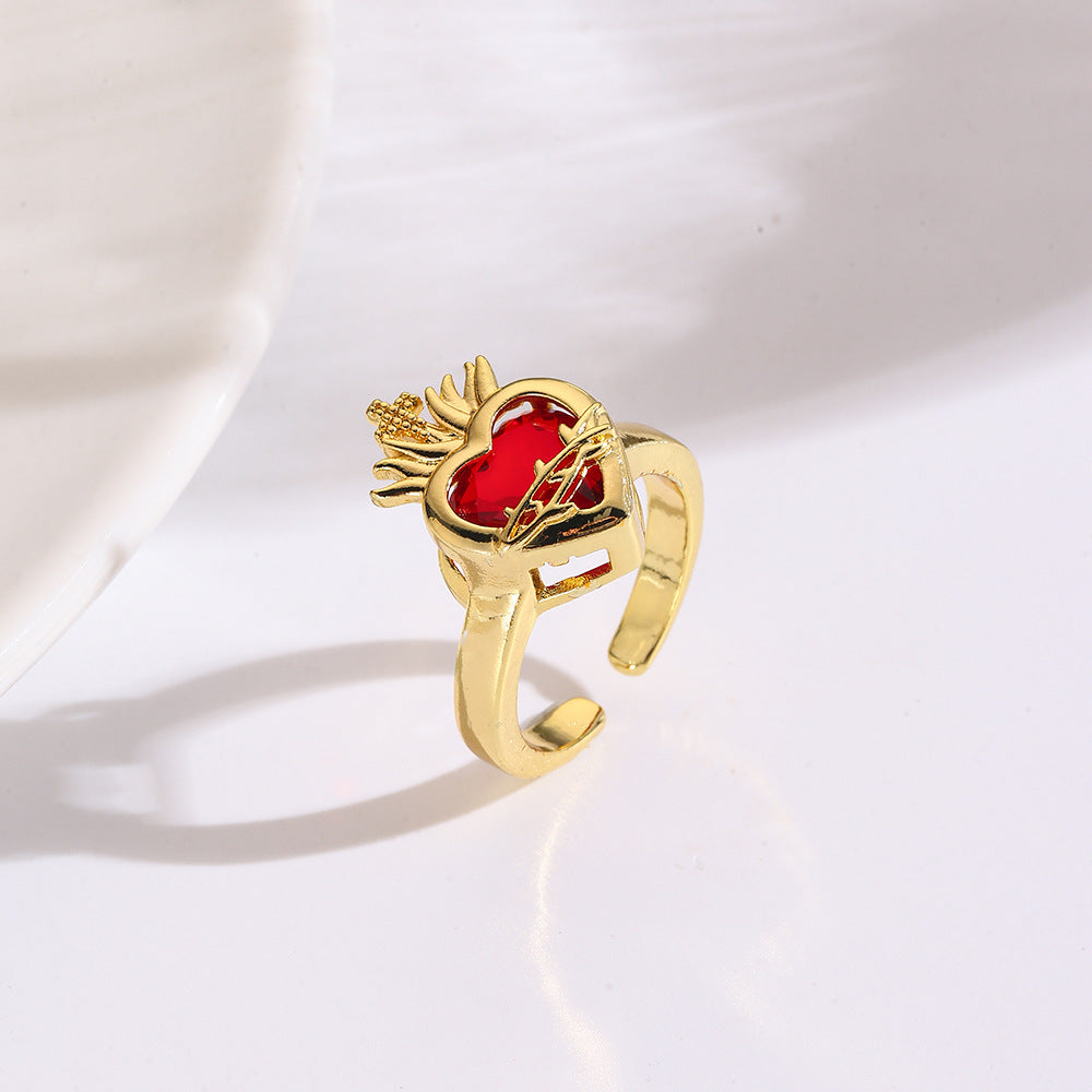 Wholesale Stylish Crown Heart Zircon Open Ring For Women Red Copper Fashion Jewelry Accessory For Everyday Wear And Boutique Resale