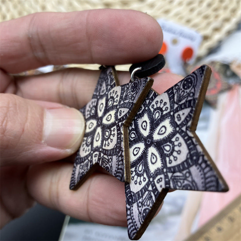 Wholesale Five-pointed Star Retro Ethnic Style Wood Earrings ACC-ES-FX037