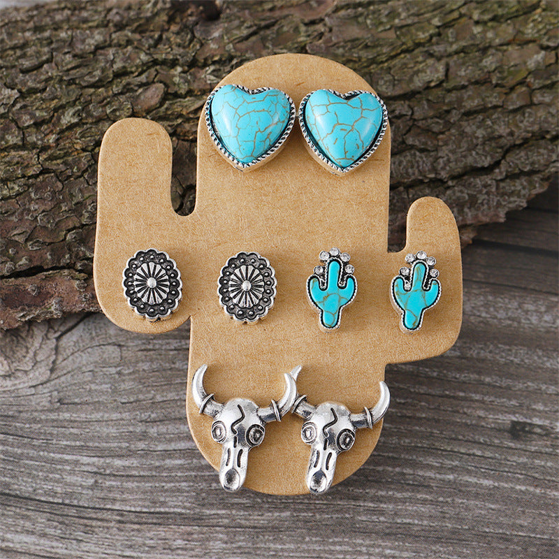 Wholesale 4pcs/set Retro Turquoise Love Cactus Cattle Head Cowboy Boots Earrings