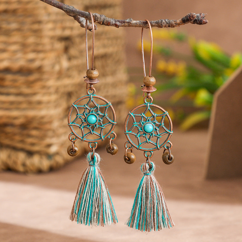 Wholesale Vintage Leaf Pendant Tassel Earrings Alloy Hollow Carved Fashion Jewelry