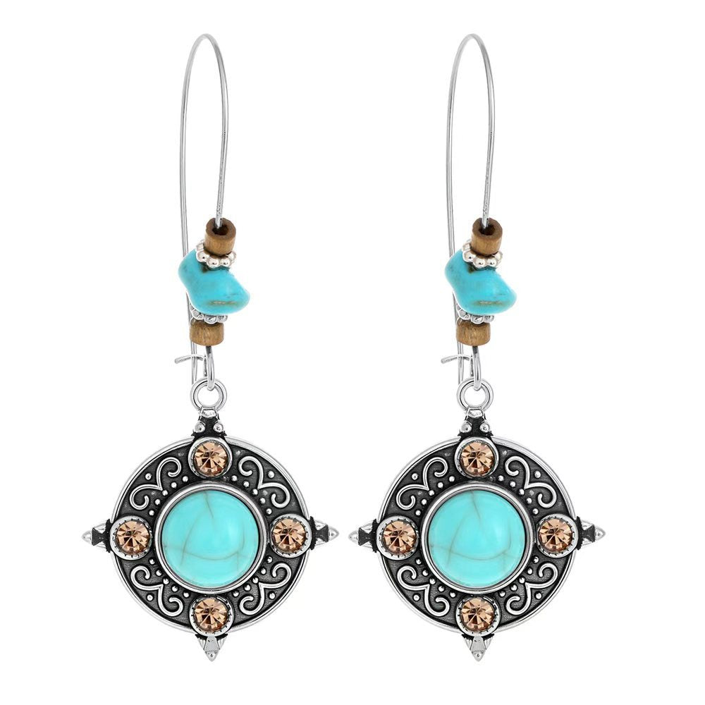Wholesale Turquoise Geometric Tassel Earrings Antique Silver Retro Fashion Accessory for Everyday Wear or Gift