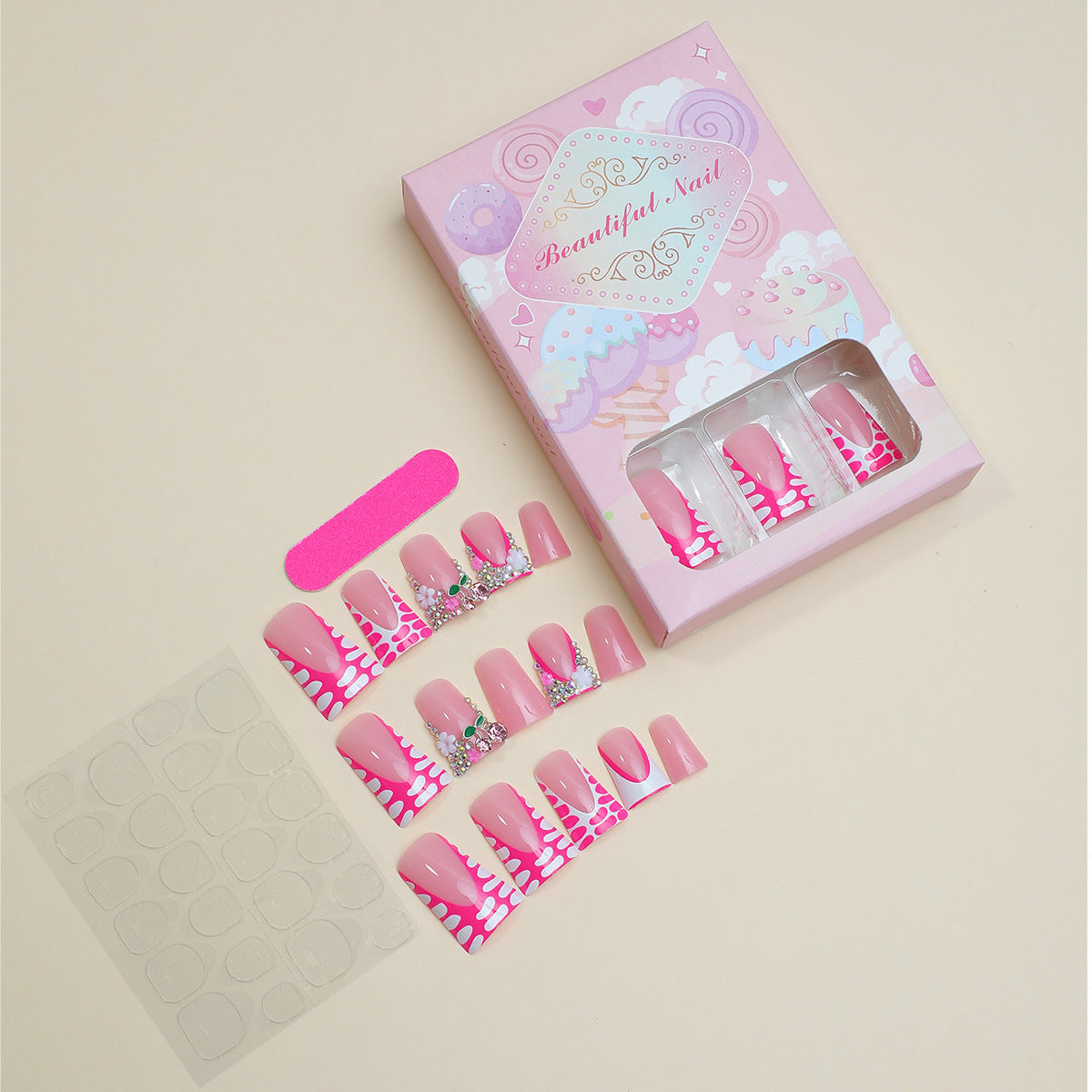 Wholesale 24 Pieces/box Glitter Nail Stickers Diamond Cherry Wearable Nail Press-on Nails Kits ACC-NS-HaoYi024