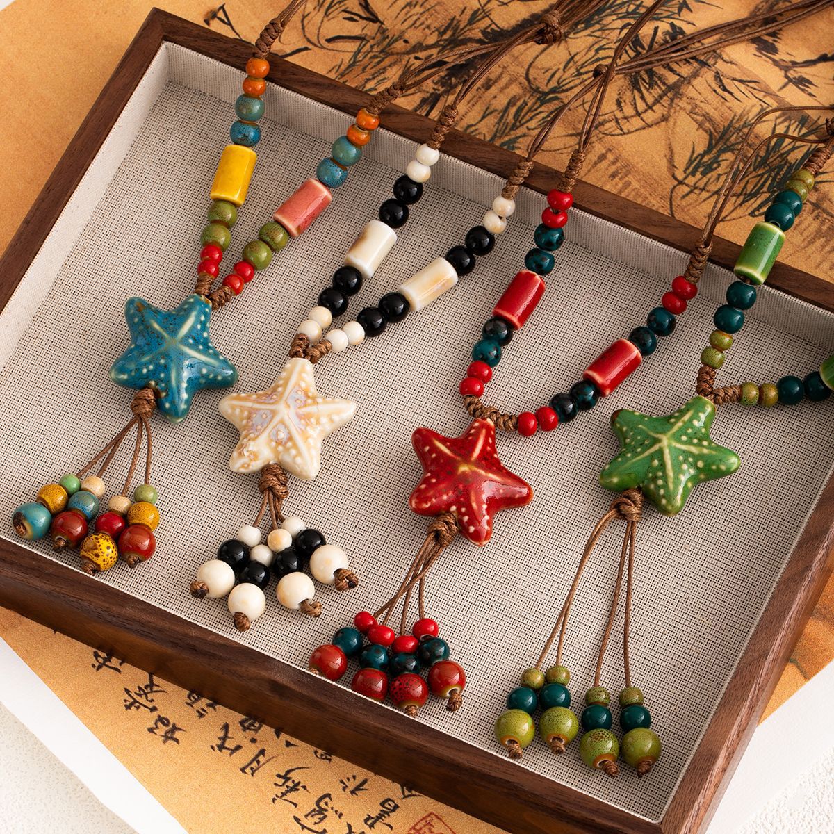 Wholesale  Bohemian colorful starfish ceramic beaded retro necklace
