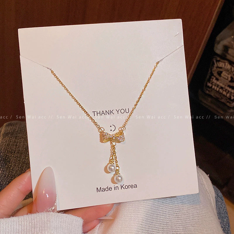 Wholesale Titanium Steel Collarbone Necklace with Zircon and Pearl Pendant