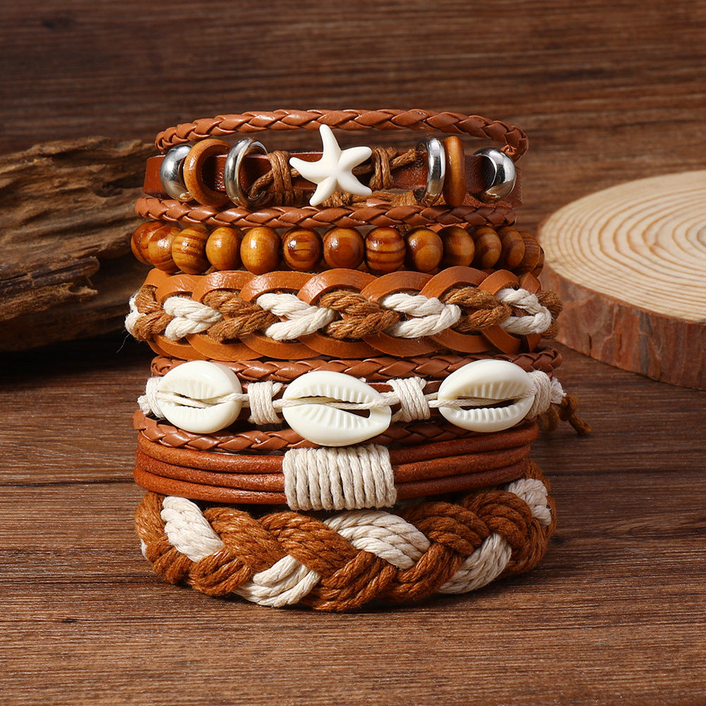 Wholesale Retro Star Design 6 Piece Multi Layer Leather Bracelet Set With Wood Beads Stylish Unisex Gift