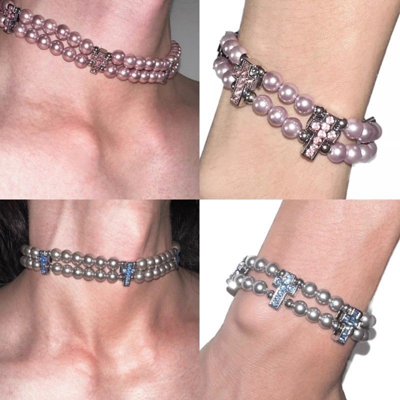 Wholesale European American Punk Rock Cross Necklace with Imitation Pearl and Skull Rivet,  Jewelry Accessory for Gift Boutique Resale