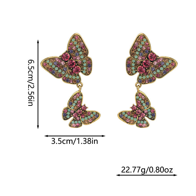 Wholesale colorful rhinestone butterfly tassel alloy earrings ACC-ES-RuLong004
