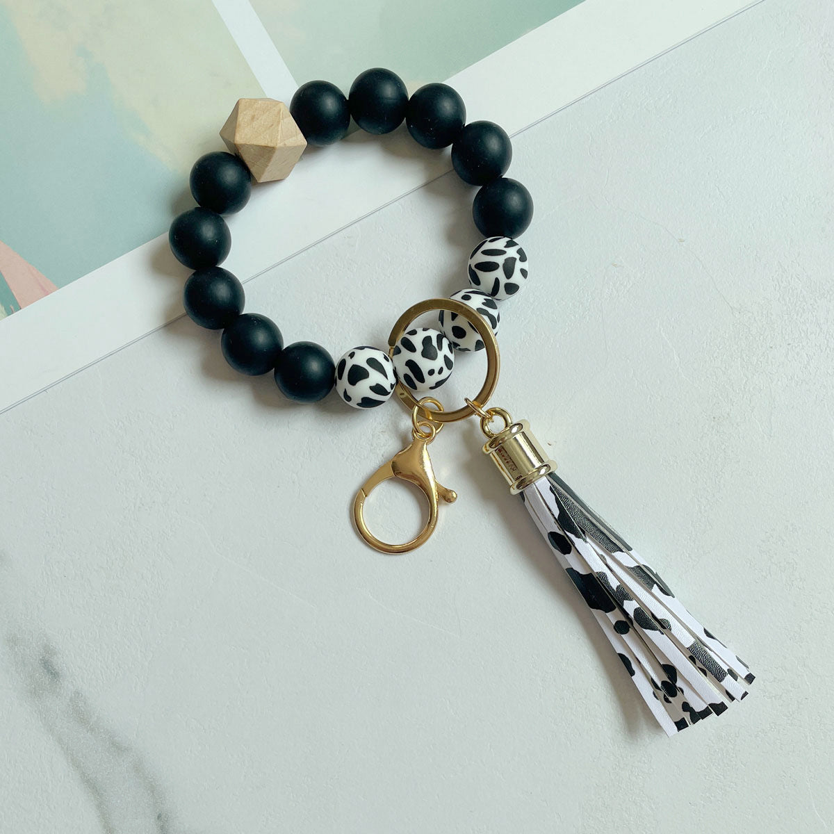 Wholesale Silicone Beads Bracelet Wooden Beads Leopard Print Cow Print Wristlet Keychain ACC-KC-Jinz001