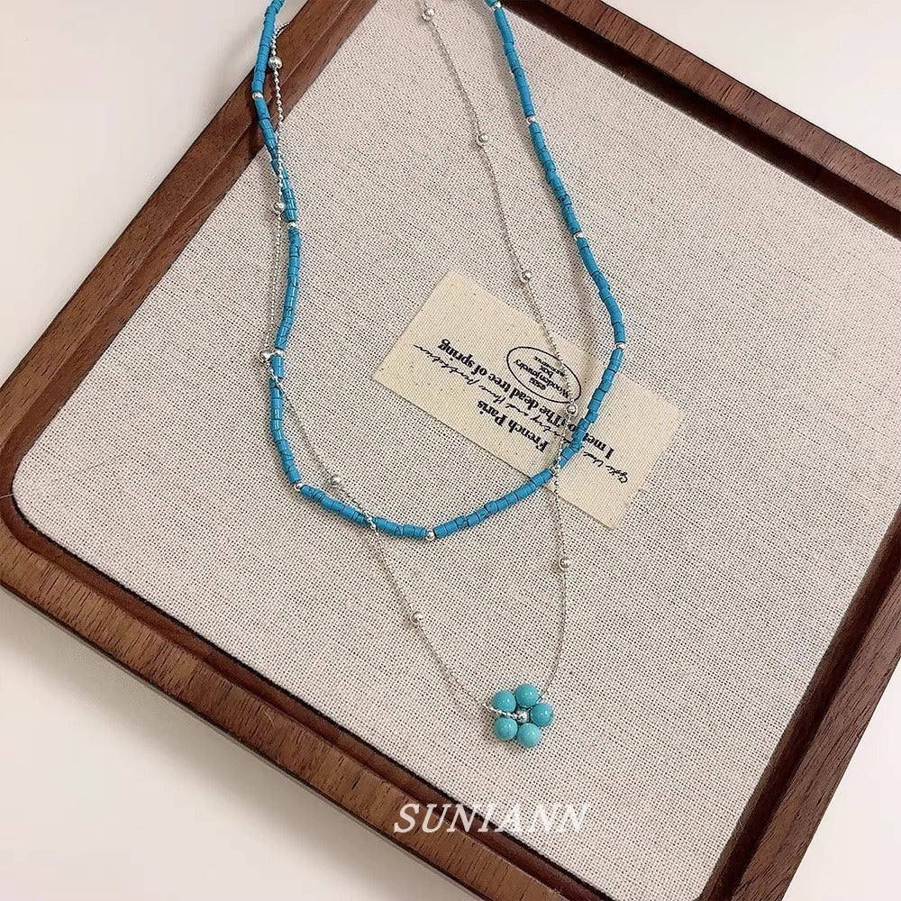 Wholesale Pastoral Style Turquoise Flower Necklace,  Fresh Layered Collarbone Chain Jewelry Accessory for Boutique Resale