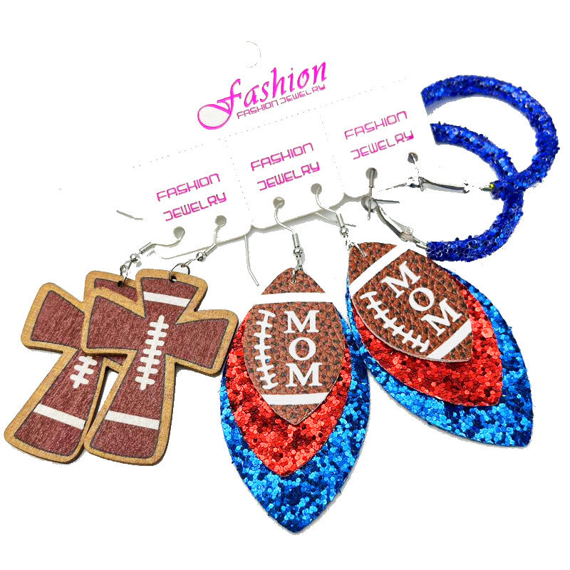 Wholesale 2 Sets Cross Glitter Earrings Rugby Stadium Cheer Football MOM Leather Earrings Set ACC-ES-HY126