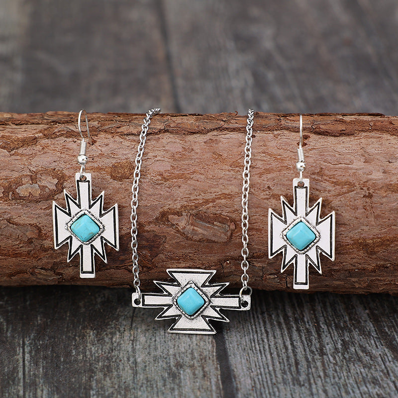 Wholesale Ethnic Style Rhombus Turquoise Inlay Jewelry Set Earrings and Pendant Necklace for Gift Fashion Accessory
