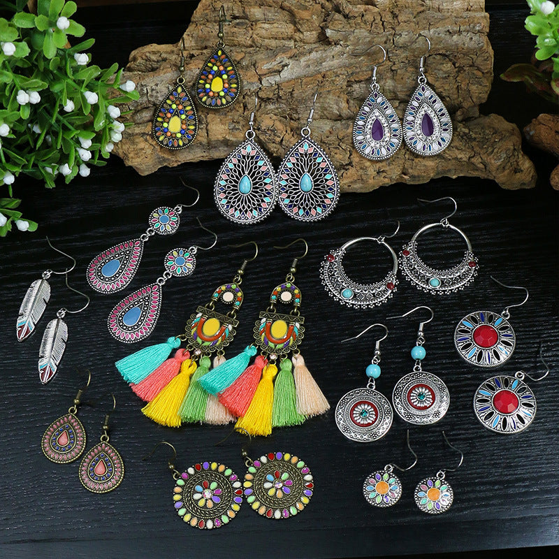 Wholesale Vintage Hollow Alloy Oil Dripping Earrings Set