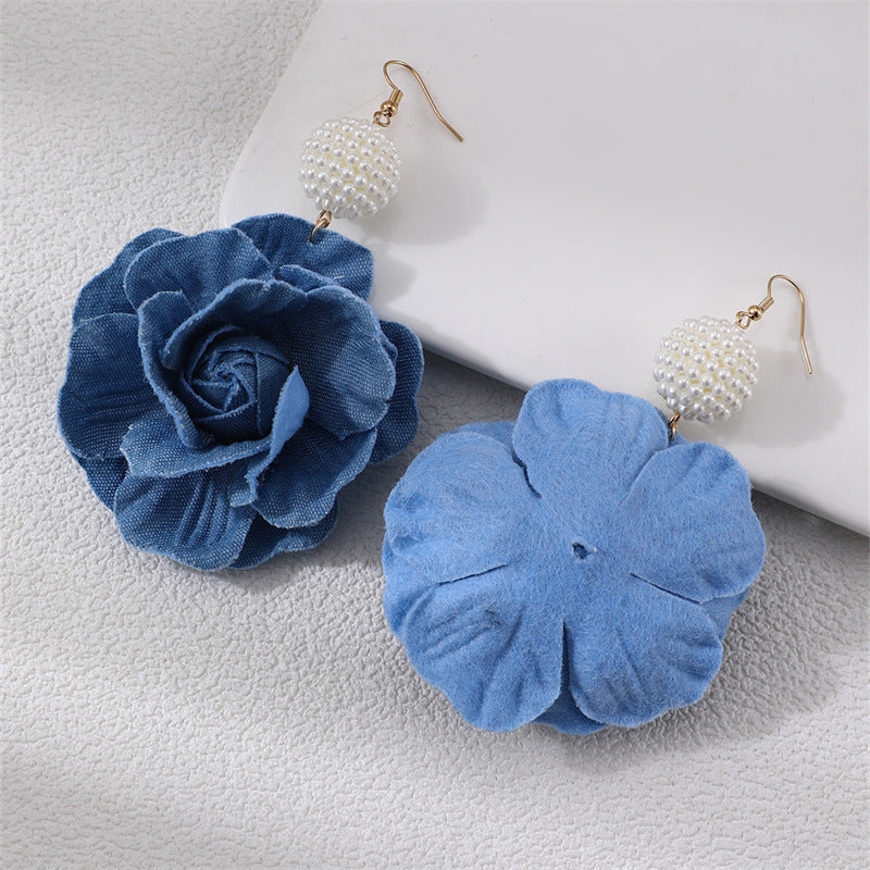 Wholesale Camellia denim blue fabric earrings