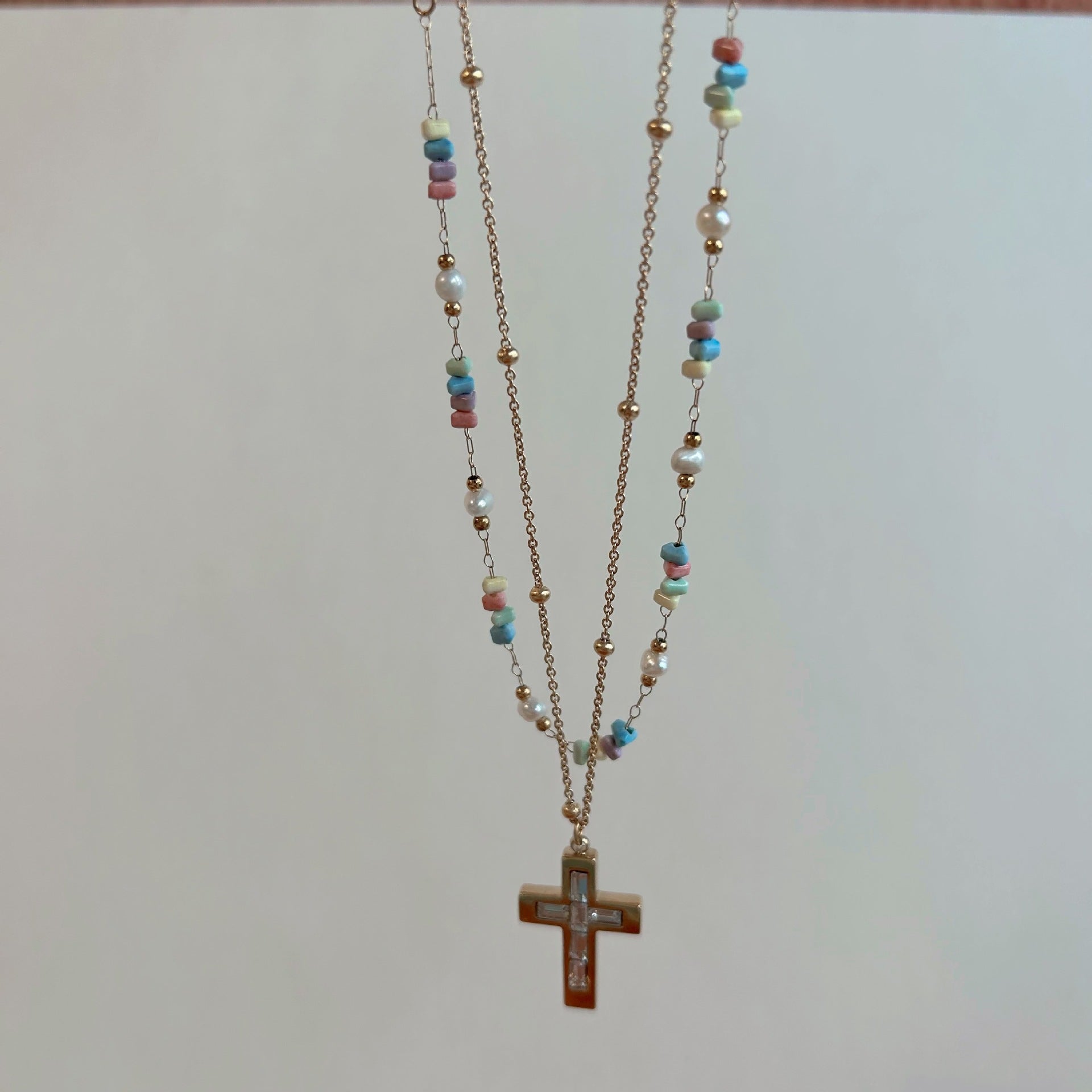 Wholesale  Color Natural Stone Beaded Necklace Cross Stainless Steel Necklace