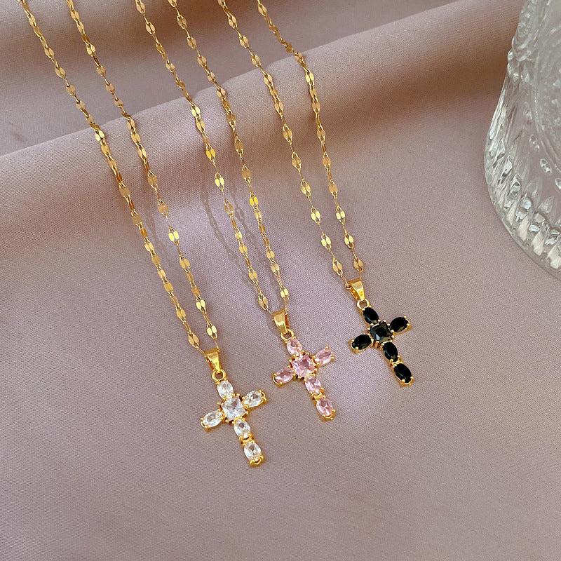 Wholesale Zircon Cross Fine Micropaved Titanium Steel Necklace Clavicle Chain