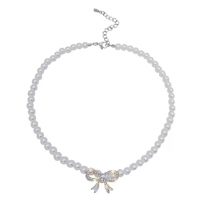 Wholesale French Style Glass Pearl Bowknot Necklace Trendy Handmade Collarbone Chain For Party Dress Jewelry Accessory