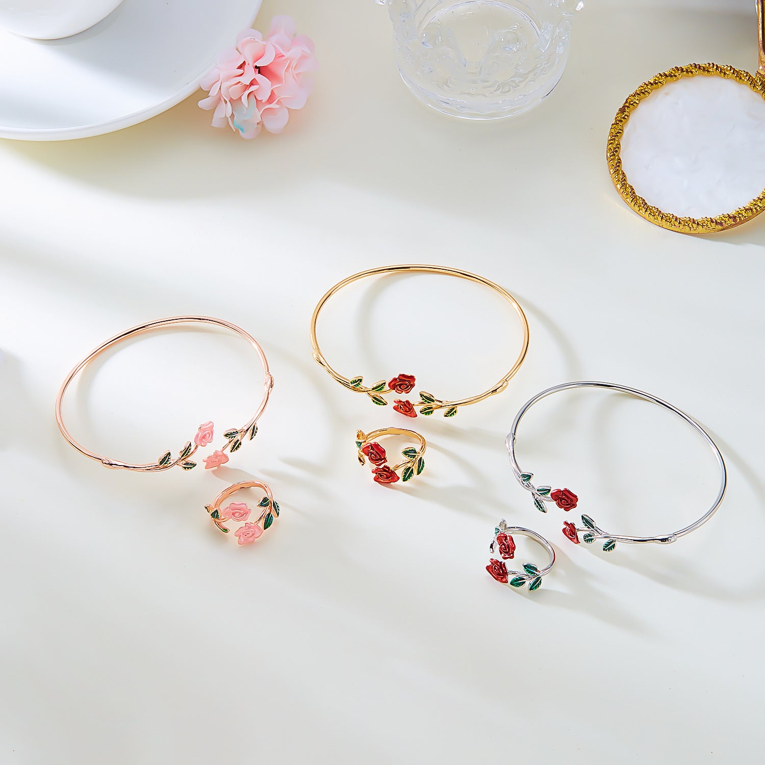 Wholesale Trendy Dripping Oil Gold Alloy Jewelry Set Ring And Bracelet For Women Gift