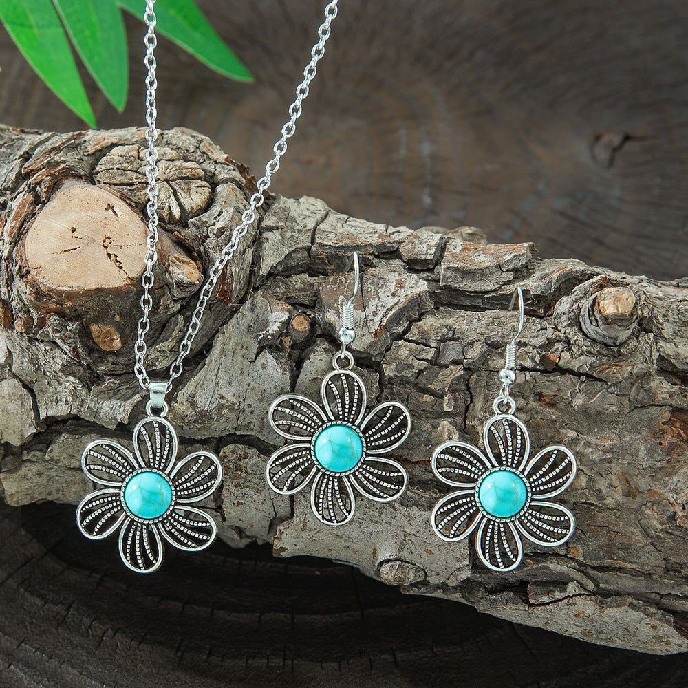Wholesale Cross-border Amazon popular ethnic style earrings European and American turquoise retro National style earrings necklace suit jewelry
