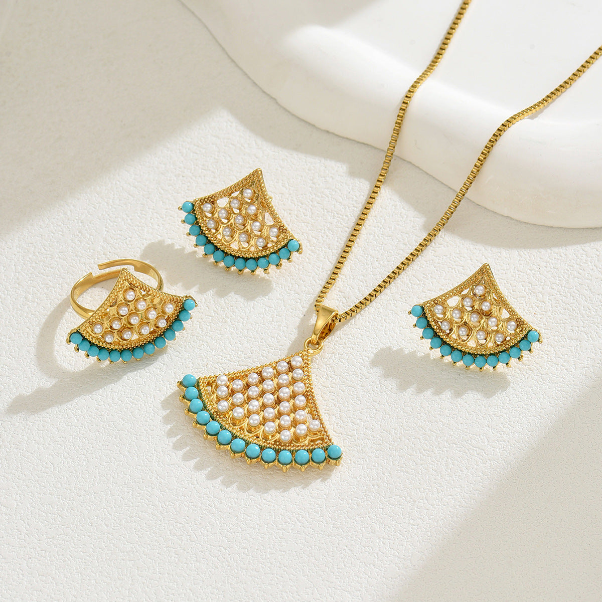 Wholesale Fan Shape Pearl Alloy Earrings Necklace Set ACC-NE-BaSha001