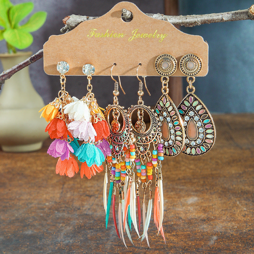 Wholesale Bohemian Tassel Flower Earrings Set,  Handmade Alloy