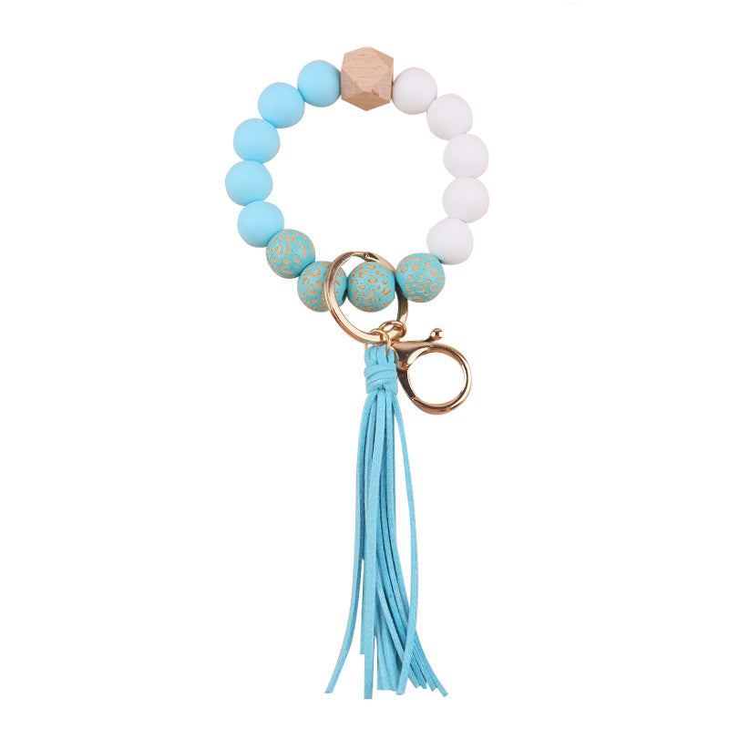 Wholesale Leopard Print Silicone Beads Tassel Wrist Keychain Wristlet Keychain ACC-KC-GuangTian046