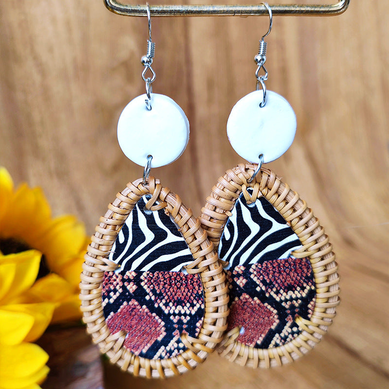Wholesale 3 Pairs/Pack Polymer Clay Rattan Copper Woven Leopard Zebra Print Earrings ACC-ES-HY100