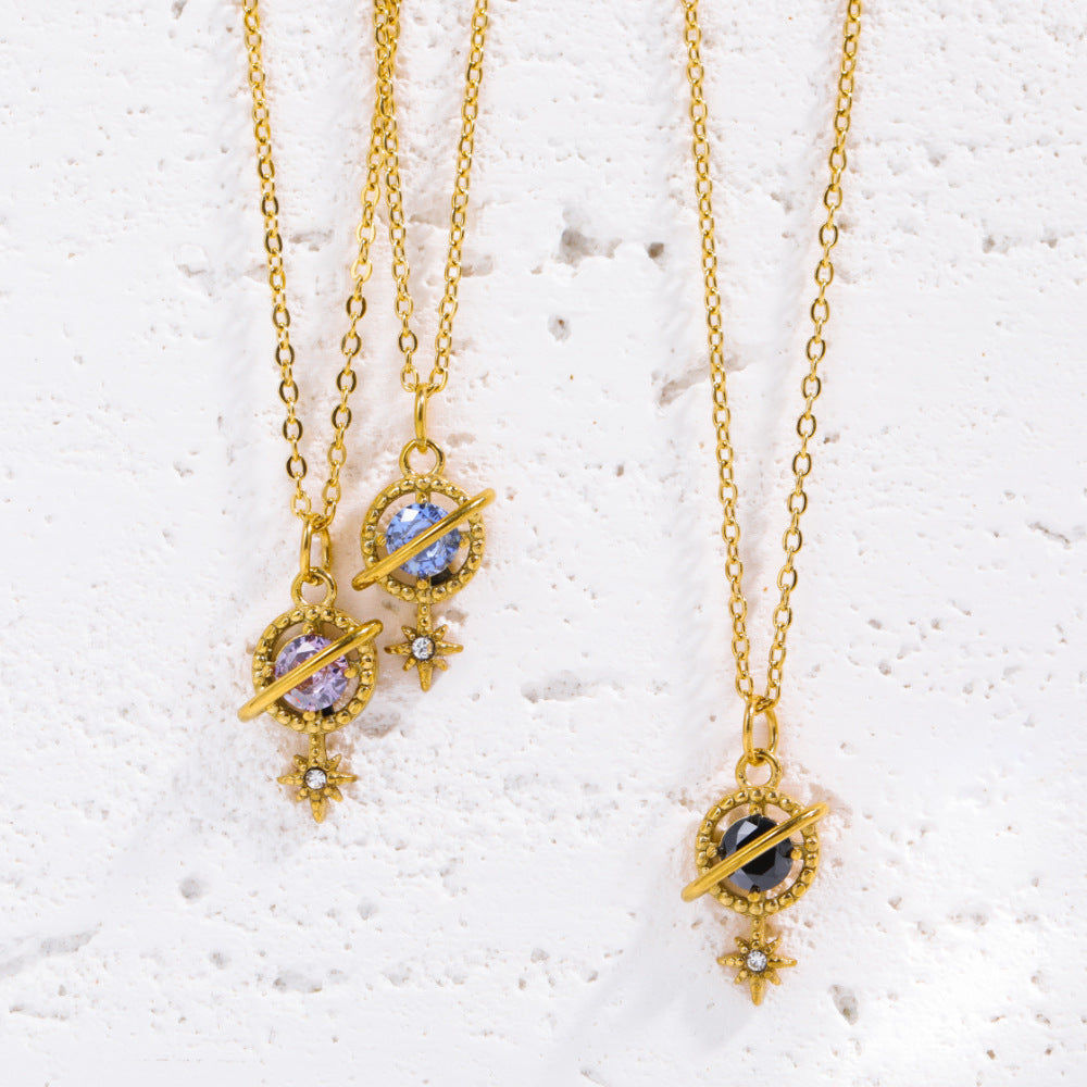Wholesale Stainless Steel Vintage Light Luxury vintage Saturn Gem Pendant Necklace