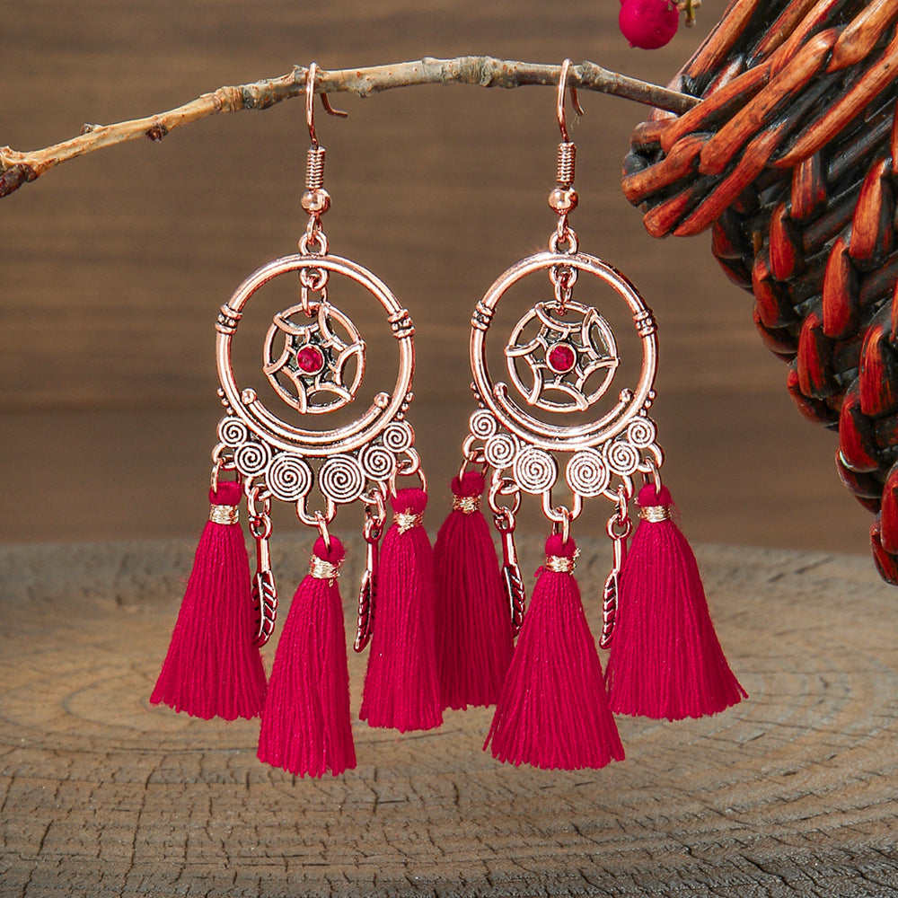 Wholesale Chinese Style Red Tassel Earrings Retro Medieval Festive Jewelry Accessory