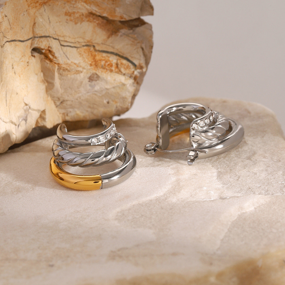 Wholesale 18k stainless steel white zircon three-layer C- shaped earrings