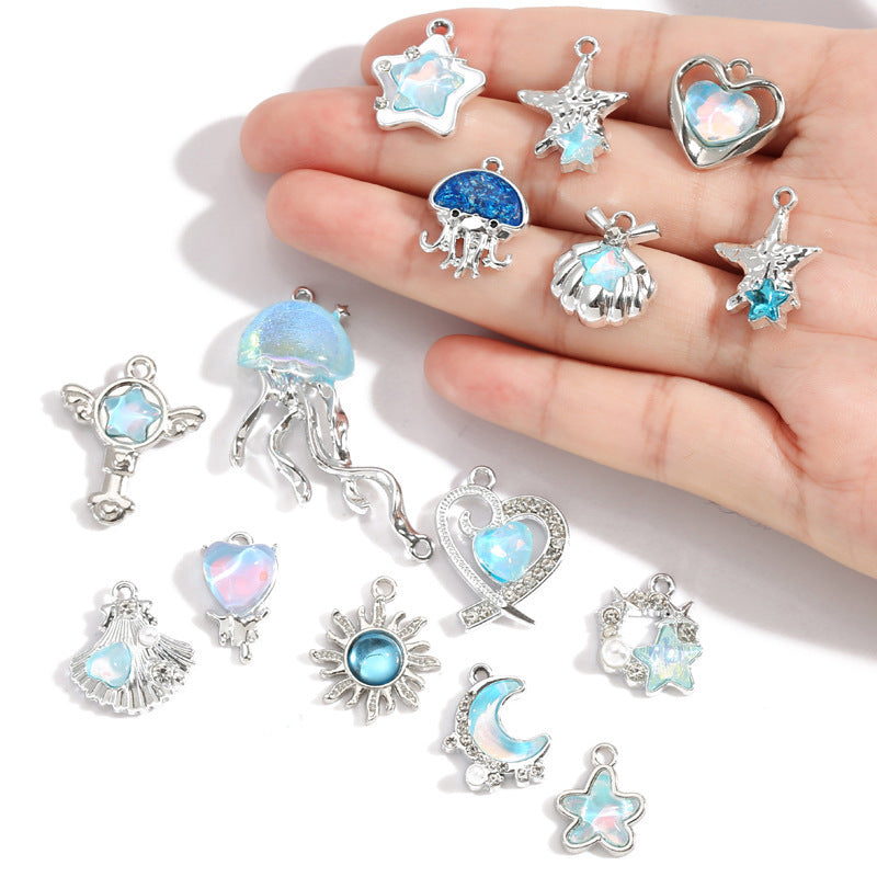 Wholesale Electroplated Zinc Alloy Blue Star Moon Resin Inlay Pendant Charms For DIY Jewelry Making Bag Charm Keychain Everyday Wear