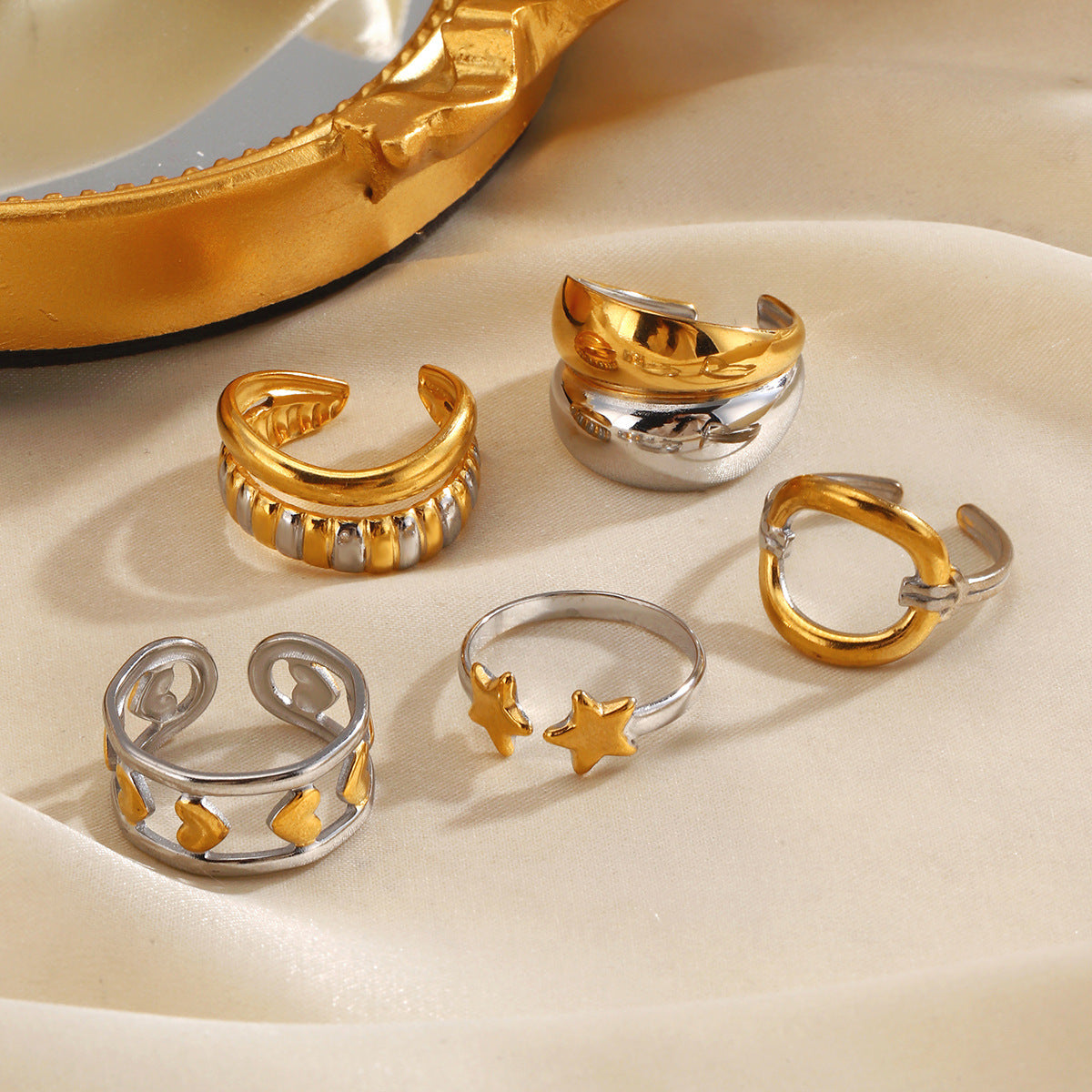 Wholesale Stylish Stainless Steel Star Ring for Women - Retro Geometric Design,  Gold and Steel Color,  Everyday Fashion Accessory