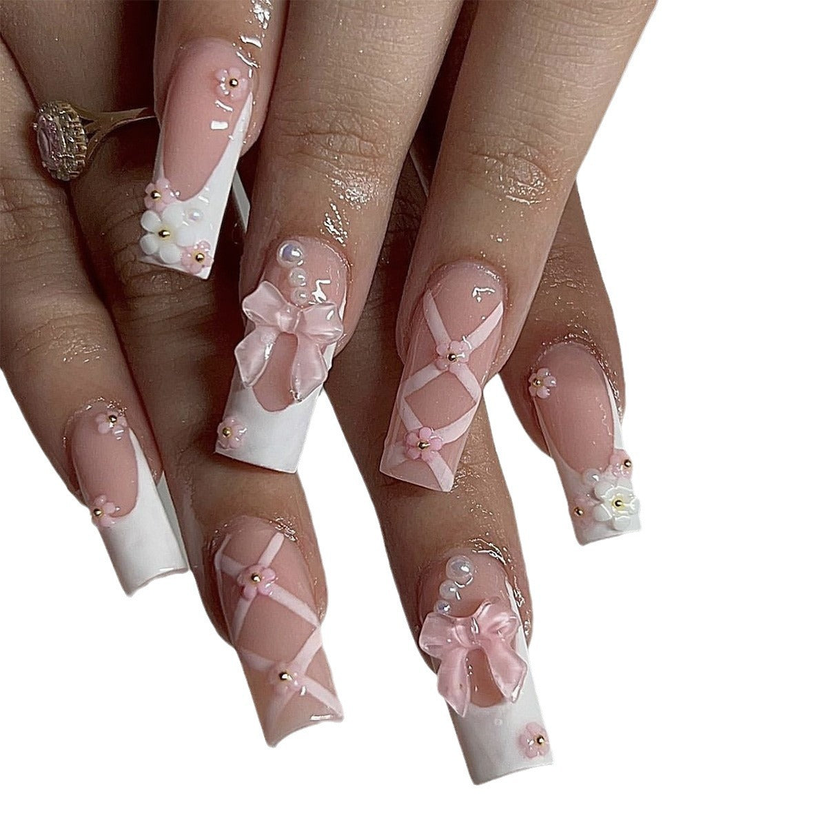 Wholesale 24 Pieces/box Flower Pink Bow Press-on Nails Kits Nail Stickers ACC-NS-SanWei009