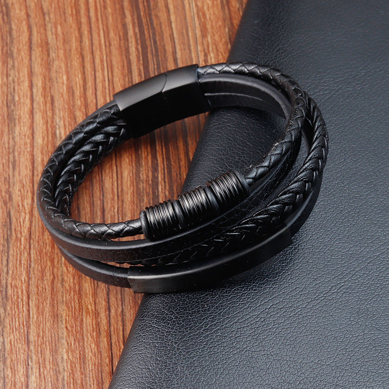 Wholesale Multi-layer Woven Men's Cowhide Stainless Steel Bracelet ACC-BT-OSD003