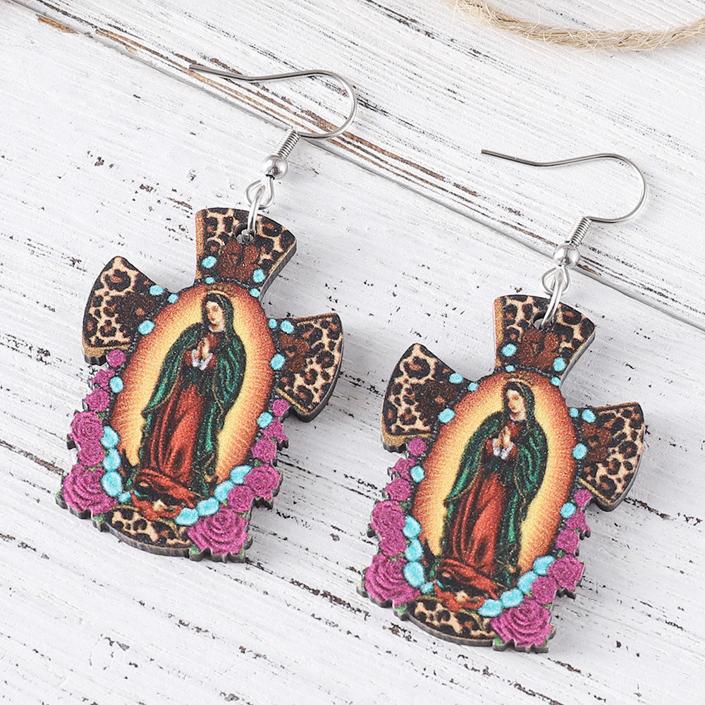 Wholesale  Cross Virgin Mary MOM Pendant Wooden Double-Sided Earrings