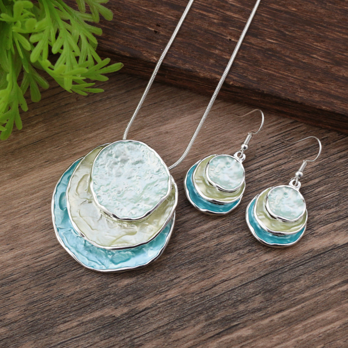 Wholesale  color painting oil three-layer ring hollow pendant earrings suit