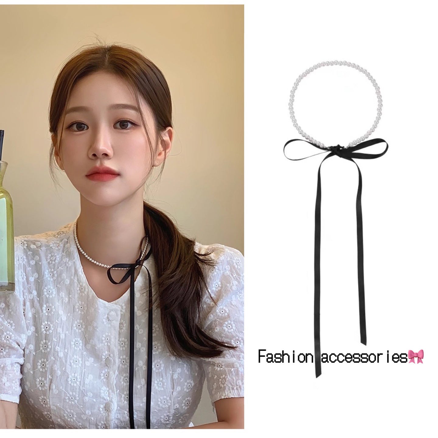 Wholesale Black Bow Tie-up Pearl Necklace Clavicle Chain Necklace