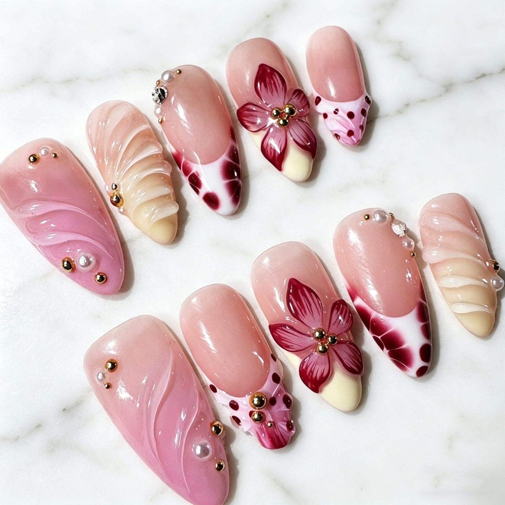 Wholesale 10 Pieces Almond Shaped Press On Nails Pink Gradient Floral Pearl Design Sweet Everyday Fashion Accessory Gift For Women