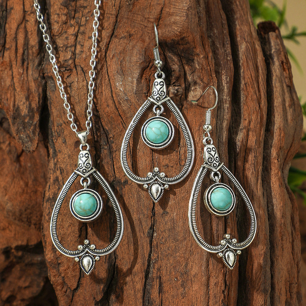 Wholesale Bohemian Vintage Earrings and Necklace Set Turquoise Drop Pendant Jewelry Accessory