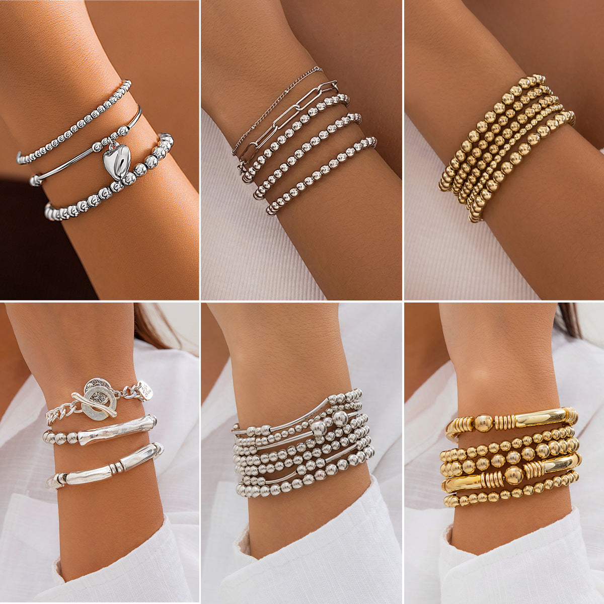 Wholesale Heart Pendant Layered Bracelet Set For Women Copper Electroplated Beaded Chain Bracelets Stylish Jewelry Accessory