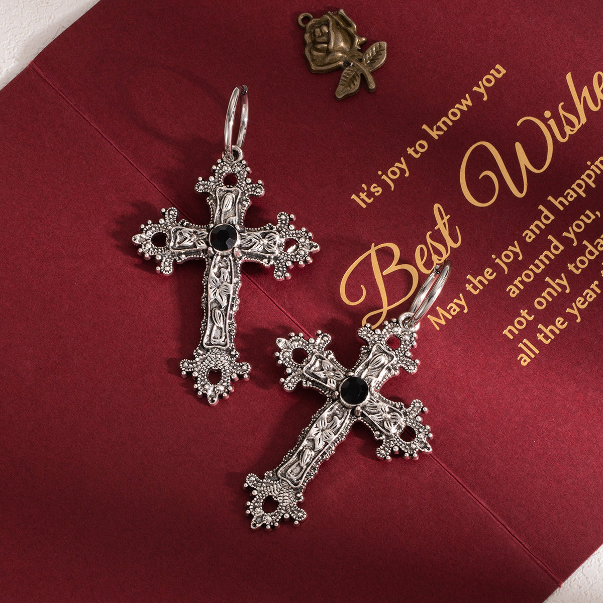 Wholesale Exaggerated antique silver alloy flower vine cross earrings