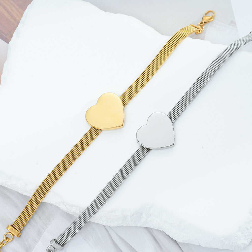 Wholesale Titanium Steel Heart Shape Gold Mesh Bracelet Travel Commemoration Gift Women' s Jewelry Accessory