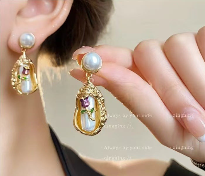Wholesale Vintage Baroque Green Flower Earrings Alloy Dripping Glaze Fashion Accessory