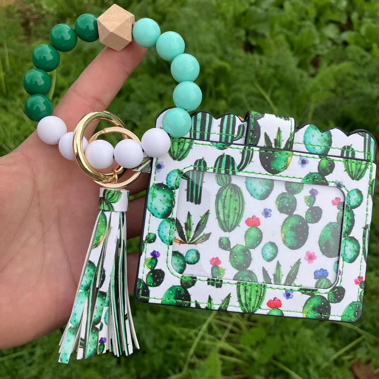 Wholesale Leopard Plaid Western Style Card Holder Silicone Beaded Wristlet Keychain ACC-KC-QiuXue011