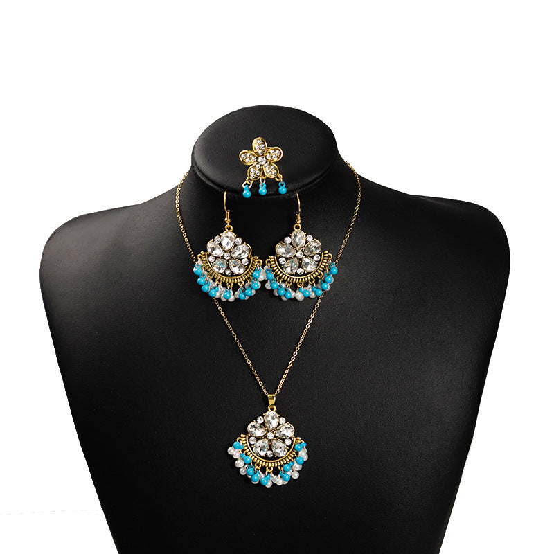 Wholesale  Exaggerated Crystal Jewelry suit Vintage Bohemian Style Ring Earrings Necklace Three-piece Set