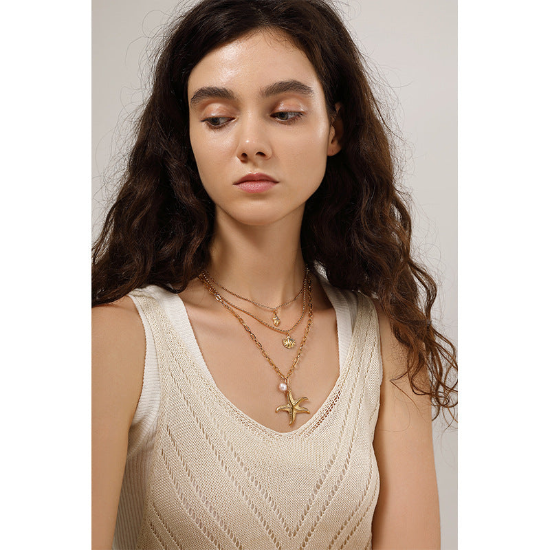 Wholesale Stainless Steel Three-Layer Pearl Starfish Pendant Necklace