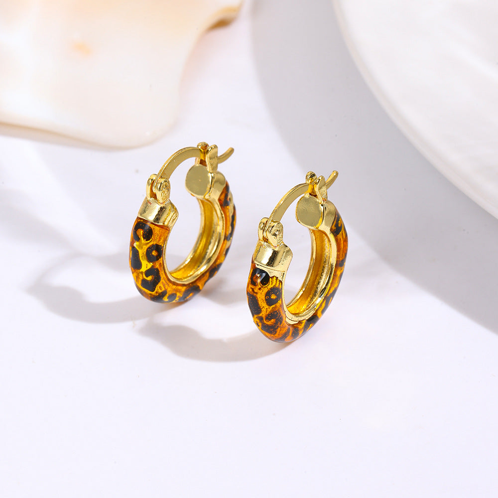 Wholesale  Retro Oil Dripping Geometric C-Shaped Leopard Print Earrings
