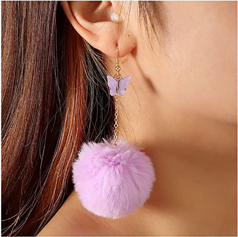 Wholesale Mink Fur Pom Pom Pendant Butterfly Earrings