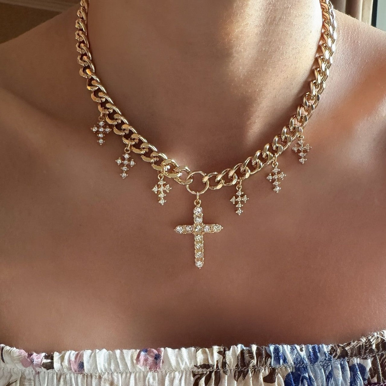 Wholesale Double Layer Cuban Chain Cross Pendant Necklace Zinc Alloy Electroplated Hip Hop Style Fashion Accessory for Men