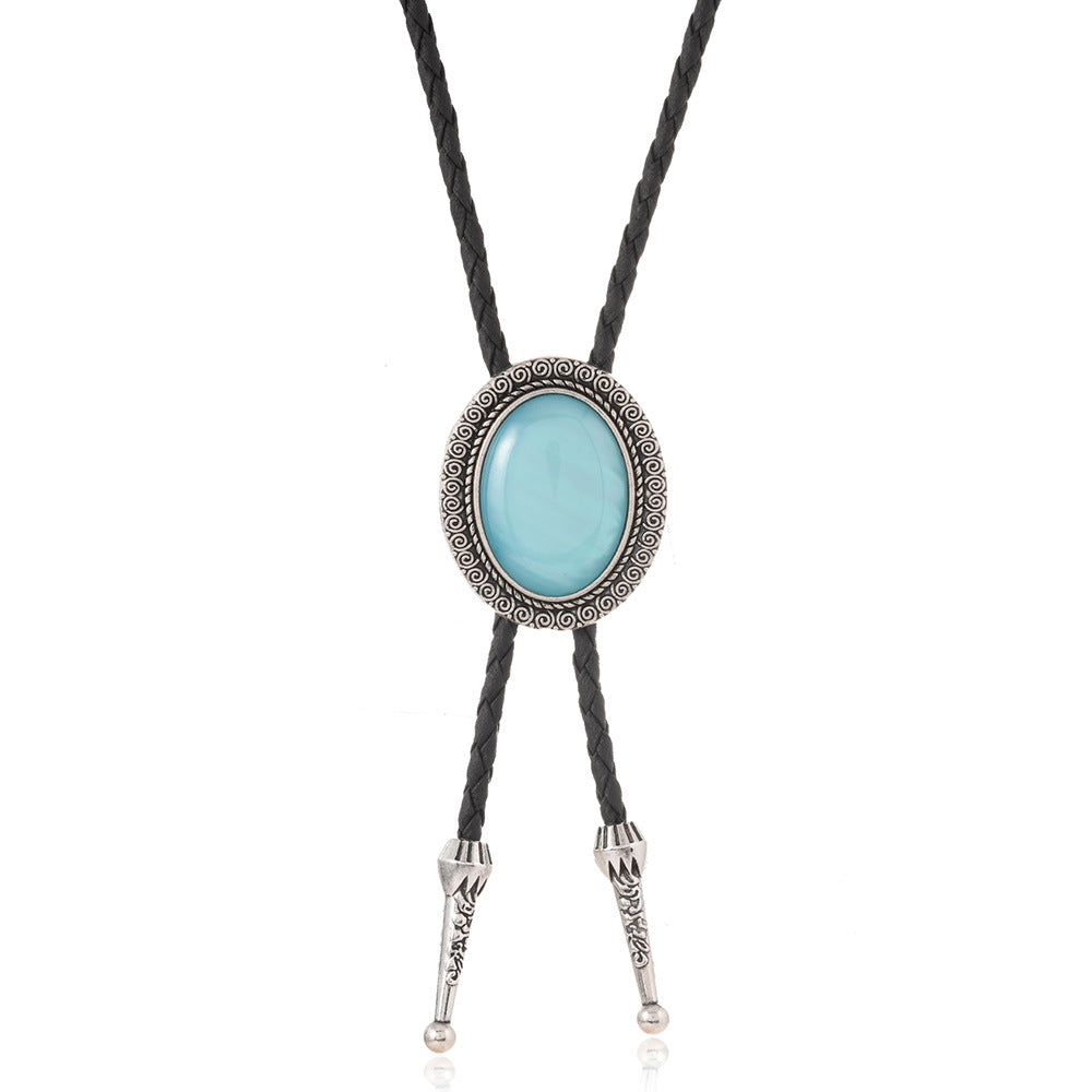 Wholesale Trendy Black Leather Bolo Tie Necklace Agate Gemstone Pendant Fashion Accessory