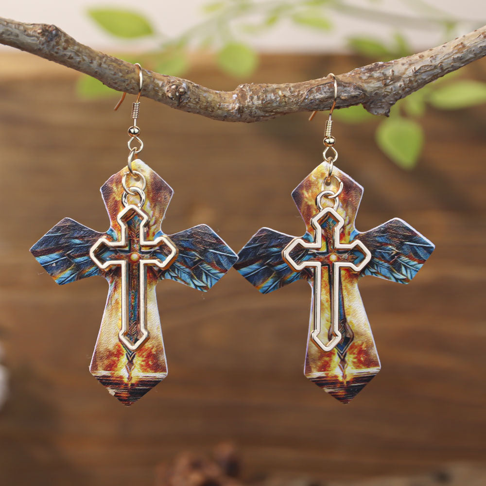 Wholesale double-layer cross leather Gothic style earrings,